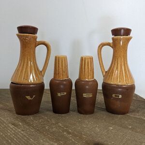 wooden Salt and pepper shakers, olive oil and vinegar set,  wood and ceramic
